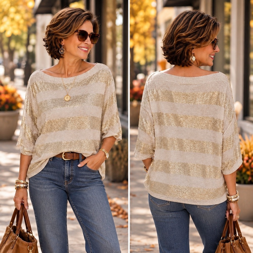 Chico's Linen Blend Striped Sweater Women's Size 1 Medium Gold Oatmeal Relaxed
